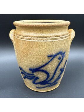 VTG 80’s Salt Glaze Bird Pottery 5” Crock Handles Cooksburl Farmhouse Cobalt